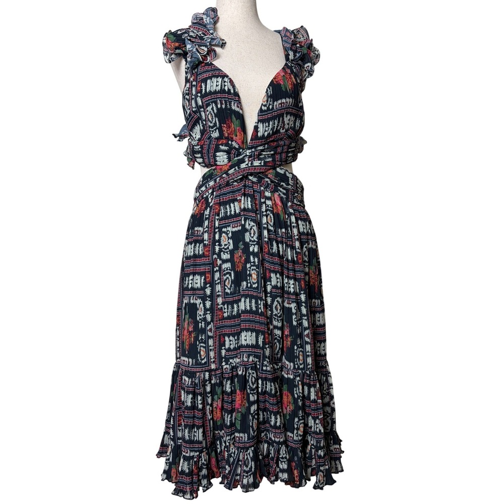 Let Me Be Megan Navy Floral Geometric Cut Out Lace Up Ruffle Midi Dress NWT M